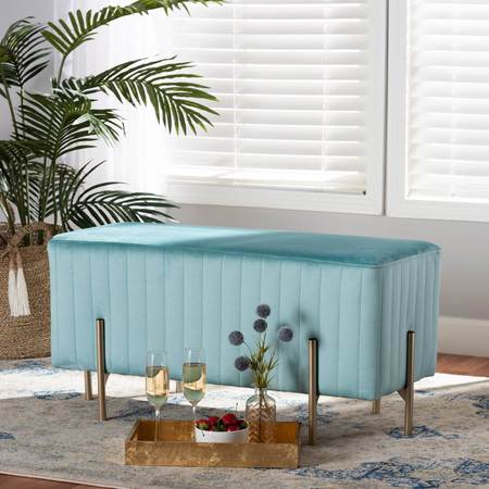 BAXTON STUDIO Helaine Contemporary Glam and Luxe Sky Blue Fabric Upholstered and Gold Metal Bench Ottoman 199-12235-ZORO